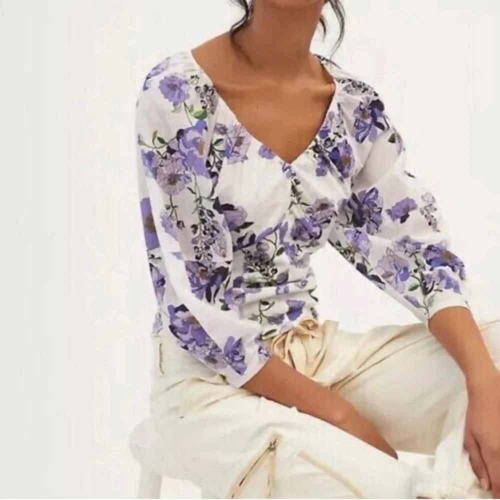 Anthropologie White Purple Floral Sweetheart VNeck Puff Sleeve Blouse Lg petite